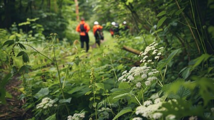 Naklejka premium Territory as dangerous Giant Hogweed invades a natural environment. Toxic Giant Hogweed plants are visible in the foreground, with people fighting against them in the background