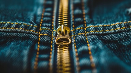 Macro shot of a gold zipper on denim fabric, showcasing textile details and craftsmanship. Concept of fashion, design, and manufacturing.
