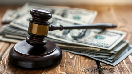 Gavel resting on a stack of hundred dollar bills on a wooden table, representing law, justice, and financial decisions. Concept of justice, law, and finance.