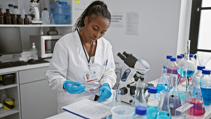 African american female scientist analyzing samples in a laboratory equipped with chemicals and a...