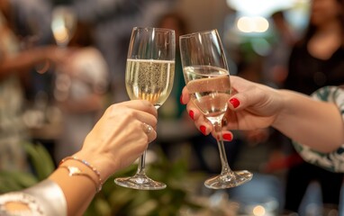 Two people toasting with champagne glasses at an event, closeup of the drinks and hands holding them in the style of an event