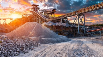 Large industrial quarry at sunset with conveyor belts and gravel piles, emphasizing mining operations and construction materials. Concept of mining, construction, and industry.
