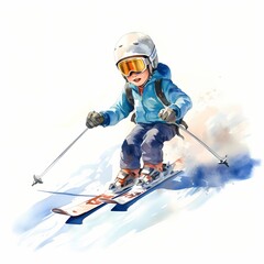 Kid skiing. Winter sport. Kid in winter. Skier clipart. Watercolor illustration. Generative AI. Detailed illustration.