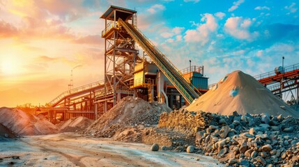 Industrial mining facility at sunset with machinery and gravel piles, showcasing large-scale operations and resource extraction. Concept of mining, industry, and natural resources.

