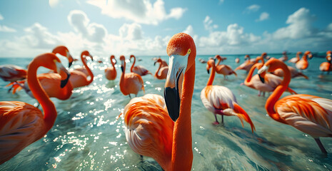 A flock of flamingos are standing in the water - Powered by Adobe