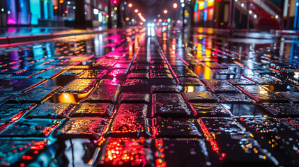The shimmering reflection of city lights on wet road bricks, creating a surreal and captivating...