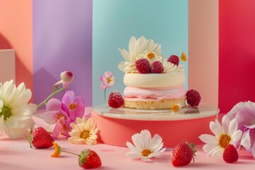 creative food photo of cream desserts and flowers  - summer flavor on vibrant color background. Cafe poster.