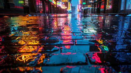 The surreal beauty of neon signs reflecting off rain-drenched road bricks, casting a spectrum of...