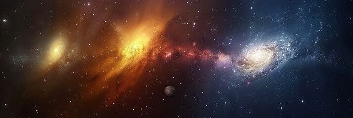 Fototapeta premium A colorful galaxy with a red and orange spiral and a blue and white spiral