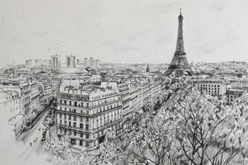 aerial view black and white monochrome sketch ob summer in Paris view of the city with its symbol Eiffel Tower