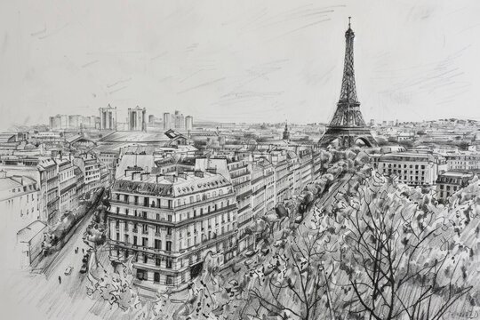aerial view black and white monochrome sketch ob summer in Paris view of the city with its symbol Eiffel Tower