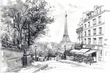 black and white monochrome sketch ob summer in Paris view of the city with its symbol Eiffel Tower