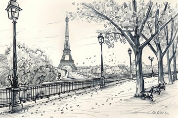 black and white monochrome sketch ob summer in Paris view of the city with its symbol Eiffel Tower