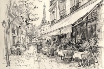 black and white monochrome sketch ob summer in Paris view of the city with its symbol Eiffel Tower