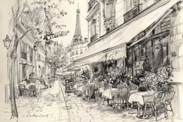 Obraz premium black and white monochrome sketch ob summer in Paris view of the city with its symbol Eiffel Tower