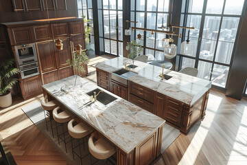 A 3D-rendered luxury American kitchen with dual islands, each with its own sink and seating area, set against a backdrop of floor-to-ceiling windows