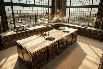  A 3D-rendered luxury American kitchen with dual islands, each with its own sink and seating area, set against a backdrop of floor-to-ceiling windows