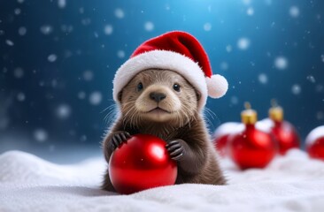 otter in snow wearing Santa hat and holding red Christmas ball in paws against blurred festive backdrop. concepts: winter holidays, festive backdrop for holiday greetings or advertisements 