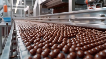 Fototapeta premium Close-up of chocolate balls on a conveyor belt in a factory, representing mass production and automation in the confectionery industry. Concept of food production, automation, and industrial processes