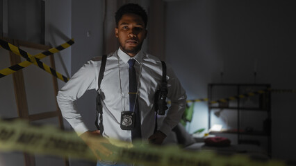 Handsome man with badge in dark crime scene room, police detective concept.