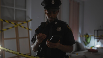 African american policeman taking notes at a dimly lit indoor crime scene.