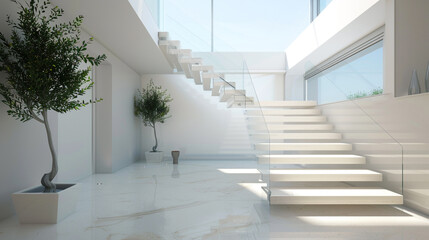 A bright and modern entrance hall featuring a floating staircase with a glass balustrade and a...