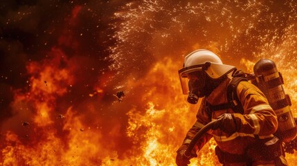 Skilled brave firefighter wearing safety gear and walking at place surrounded with smoke and prepare to put out fire. Portrait of energetic officer wearing protective cloth and survive in fire. AIG42.
