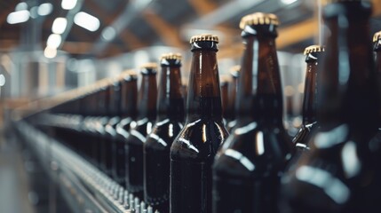Assembly line of dark glass beer bottles in a brewery, illustrating mass production and industrial efficiency. Concept of manufacturing, beverage production, and industrial automation.