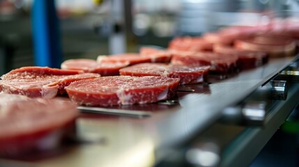 Naklejka premium Frozen hamburger patties on a conveyor belt in a food processing plant, depicting the mass production and cold storage of food products. Concept of food industry, mass production, and preservation.