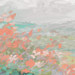 Impressionistic Spring or Summer Orange Flowers in Bloom in the Forefront of a Meadow, Valley or Pasture & Stream or Brook with Digital Painting, Art, Artwork, Illustration, Design with Texture