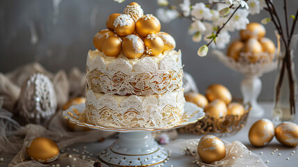 Elegant Tiered Orthodox Easter Kulich with Golden Decoration