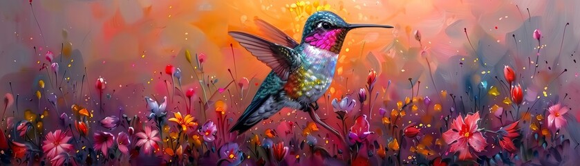 Fototapeta premium Capture the intricate details of a hummingbirds iridescent feathers against a backdrop of nanotech-inspired flora in vivid watercolors