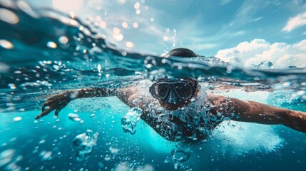 A man is swimming in the ocean, wearing a mask for protection, as he enjoys the underwater world around him.
