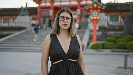 Beautiful latin brunette donning glasses, serious gaze fixated on fushimi inari-taisha shrine, kyoto. hispano-japanese moment captured, female reflects with sad confidence, japan temple.