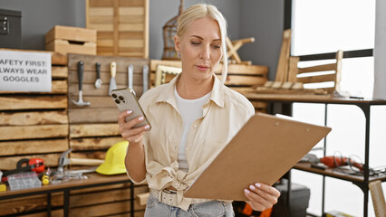 Attractive young blonde female carpenter fully engrossed in reading a work document on her smartphone in the heart of her carpentry workshop