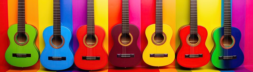 Fototapeta premium Guitar musical instrument decorated with proud colors LGBTQ family celebration background.