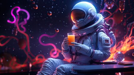 Fototapeta premium Space explorer with orange juice surrounded by planets Vibrant, edgy, and chic neon aesthetics.