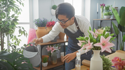Young asian man watering plants in a flower shop, creating an inviting green interior.