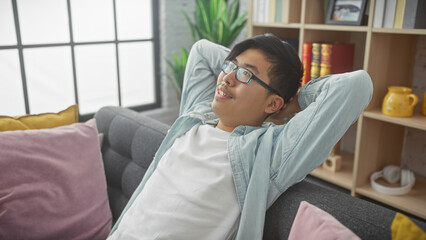 Relaxed young asian man lounging on a sofa at home, casually dressed with glasses, conveying...