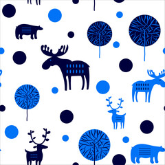 seamless pattern with animals in blue white colors for fabric home wear background surface design packaging vector
