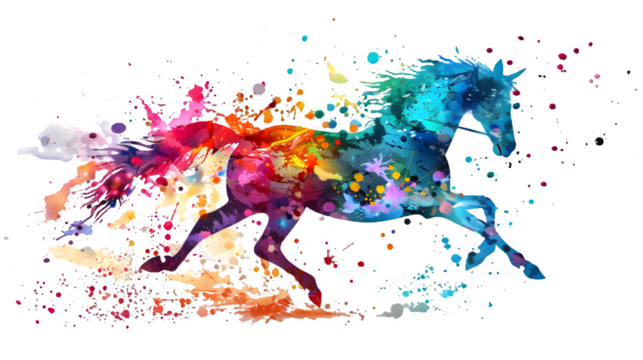 Horse made from colorful paint splash isolated on a transparent background, PNG, Ai