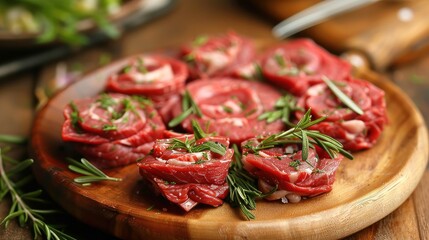 A plate of pieces of meat in the shape of roses with green herbs on top. The pieces of beef are small and round, and they are sitting on a wooden plate