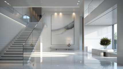  A sleek, modern American entrance hall with a floating staircase and glass railings, white walls, and a large art piece hanging