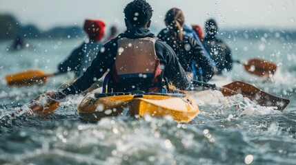 Several individuals having fun while riding together on a bright yellow raft in the water.