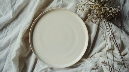 Obraz na płótnie Canvas Empty plate on the table with linen tablecloth