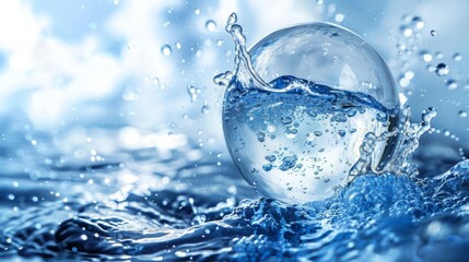 Glass ball floating on top of calm water surface, reflecting the surrounding environment.