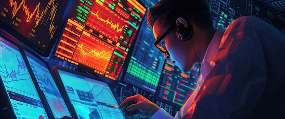Trader examines screen with intense focus amid the shifting glow of trading charts, suggesting urgency. This digital artwork highlights bold contrasts and vibrant colors.