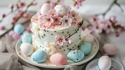 Obraz na płótnie Canvas Festive Easter Cake with Cherry Blossoms and Decoration