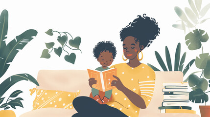 African American Woman Reading a Storybook with Her Son Sharing Motherhood and Childhood Companionship