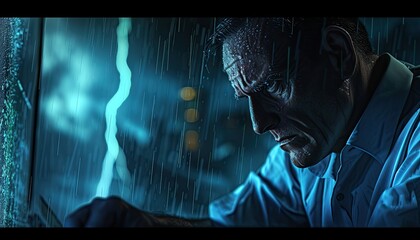 Fototapeta premium Trader watches screen intently on a stormy night, with occasional lightning illuminating a determined figure. Scene offers dramatic lighting effects.